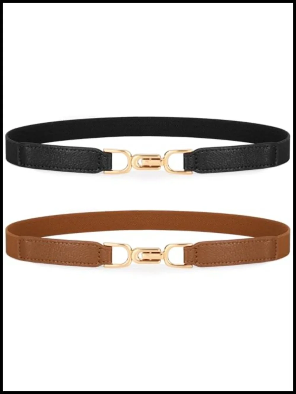 Women's Stretch Skinny Belt with Gold Buckle Set of 2, PU Leather